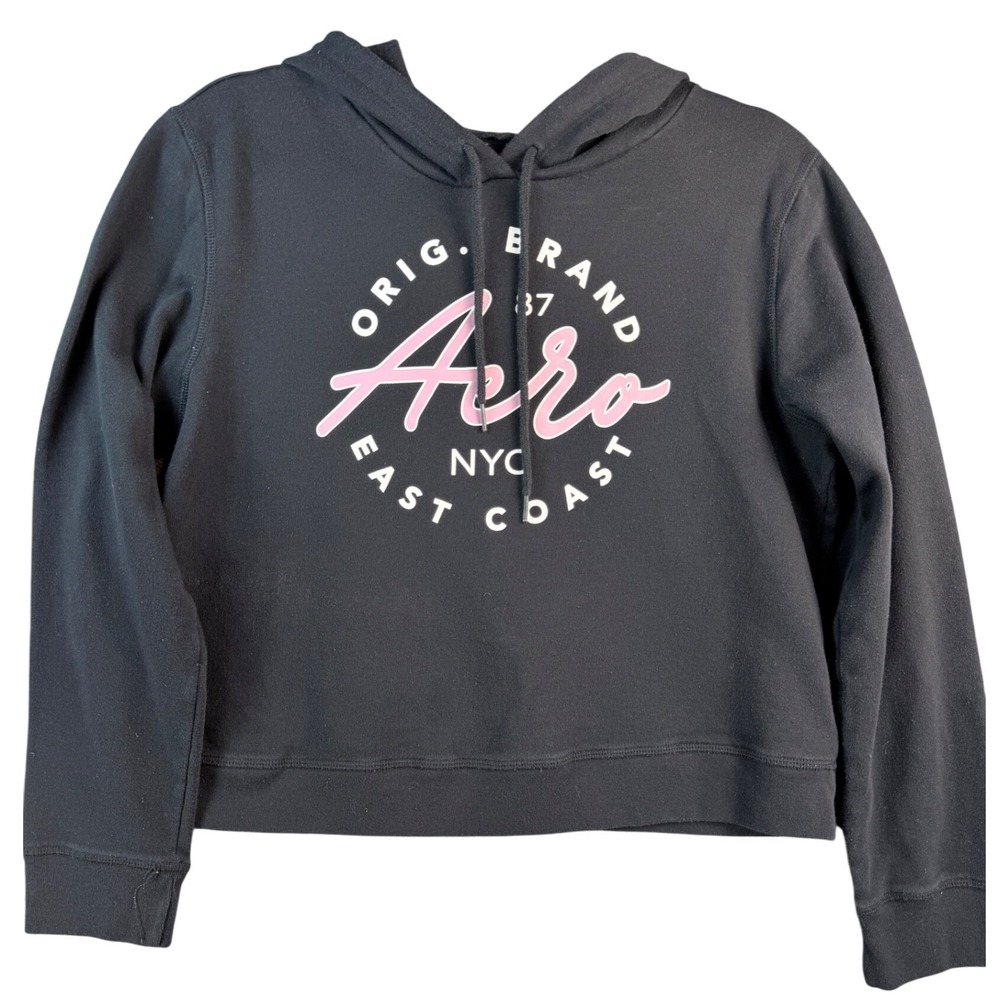 Aeropostale Womens Black Graphic Logo Cropped Hoodie Sweatshirt Large